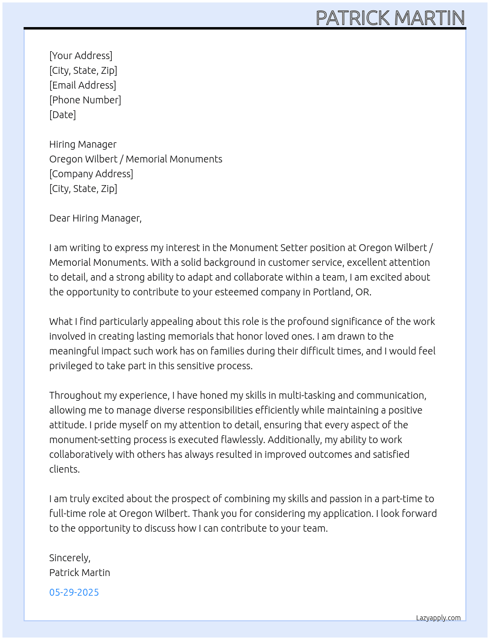 Cover letter for monument setter - LazyApply