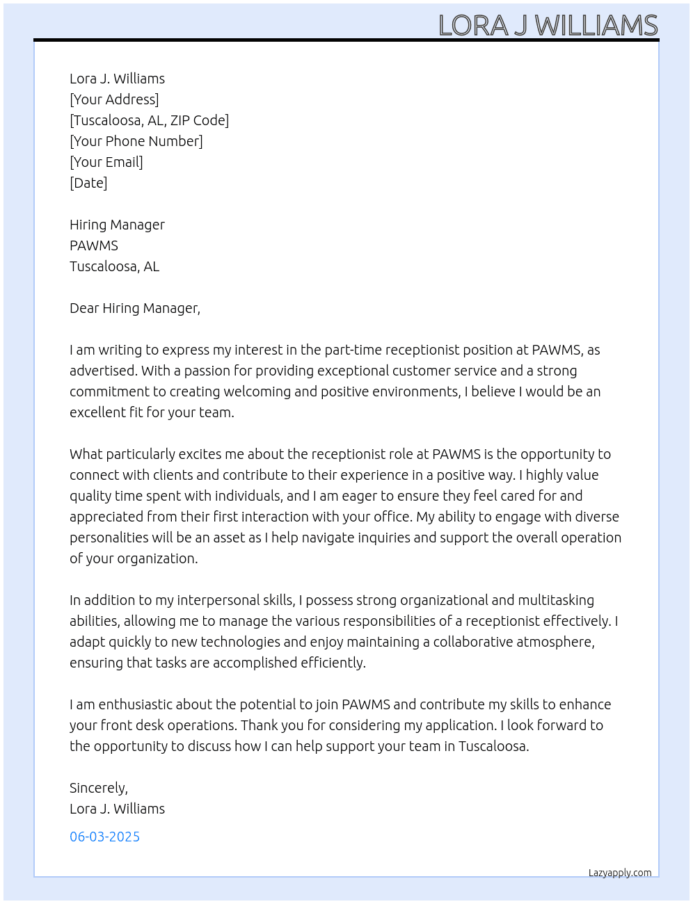 receptionist  At pawms Cover Letter