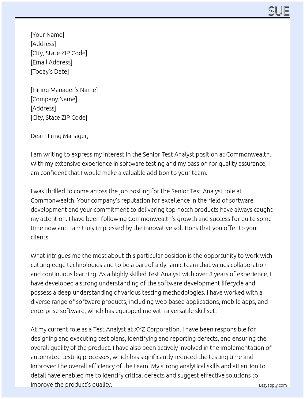 senior Test Analyst At Commonwealth Cover Letter
