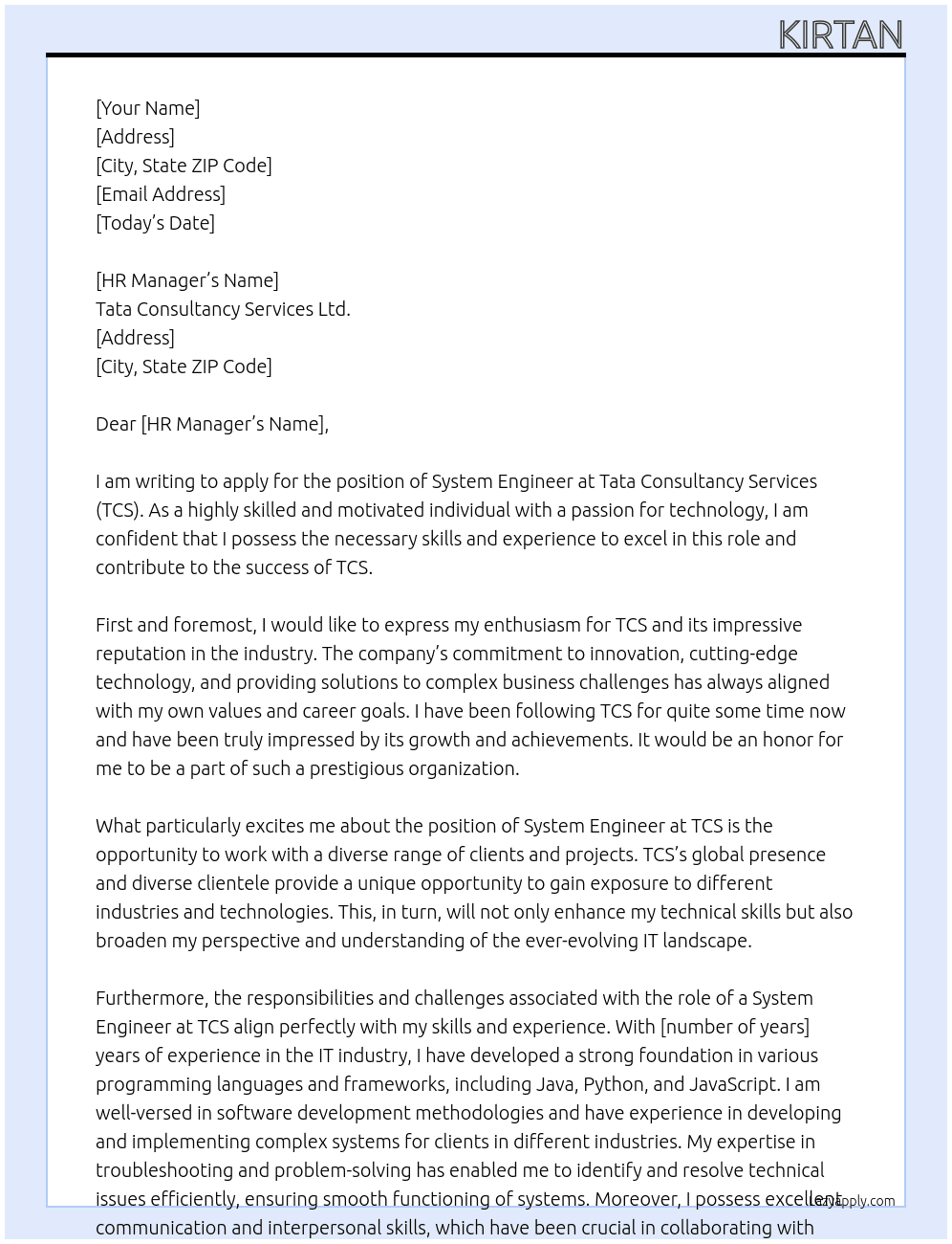 system engineer At tcs Cover Letter