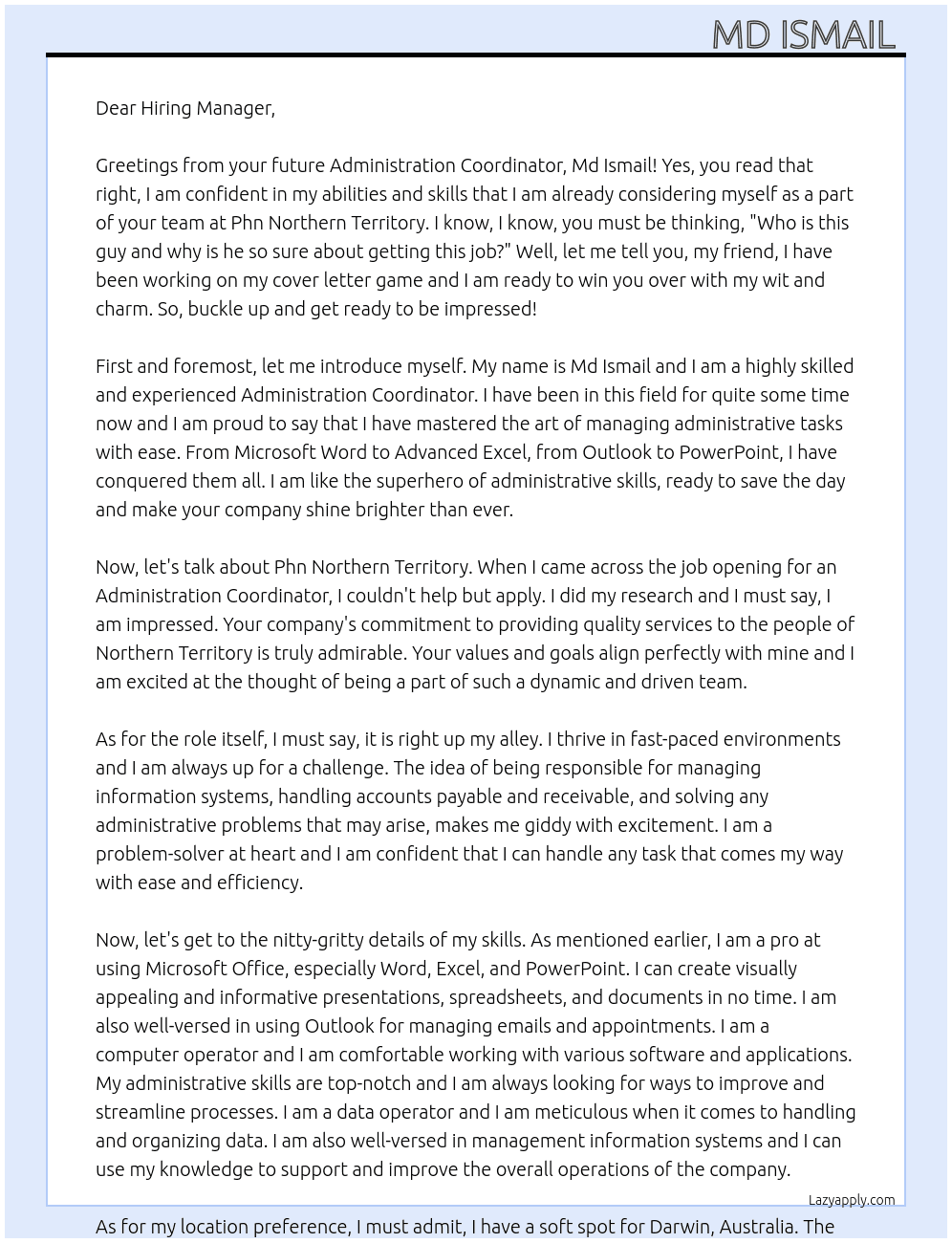 Administration Coordinator  At Phn Northern Territory  Cover Letter