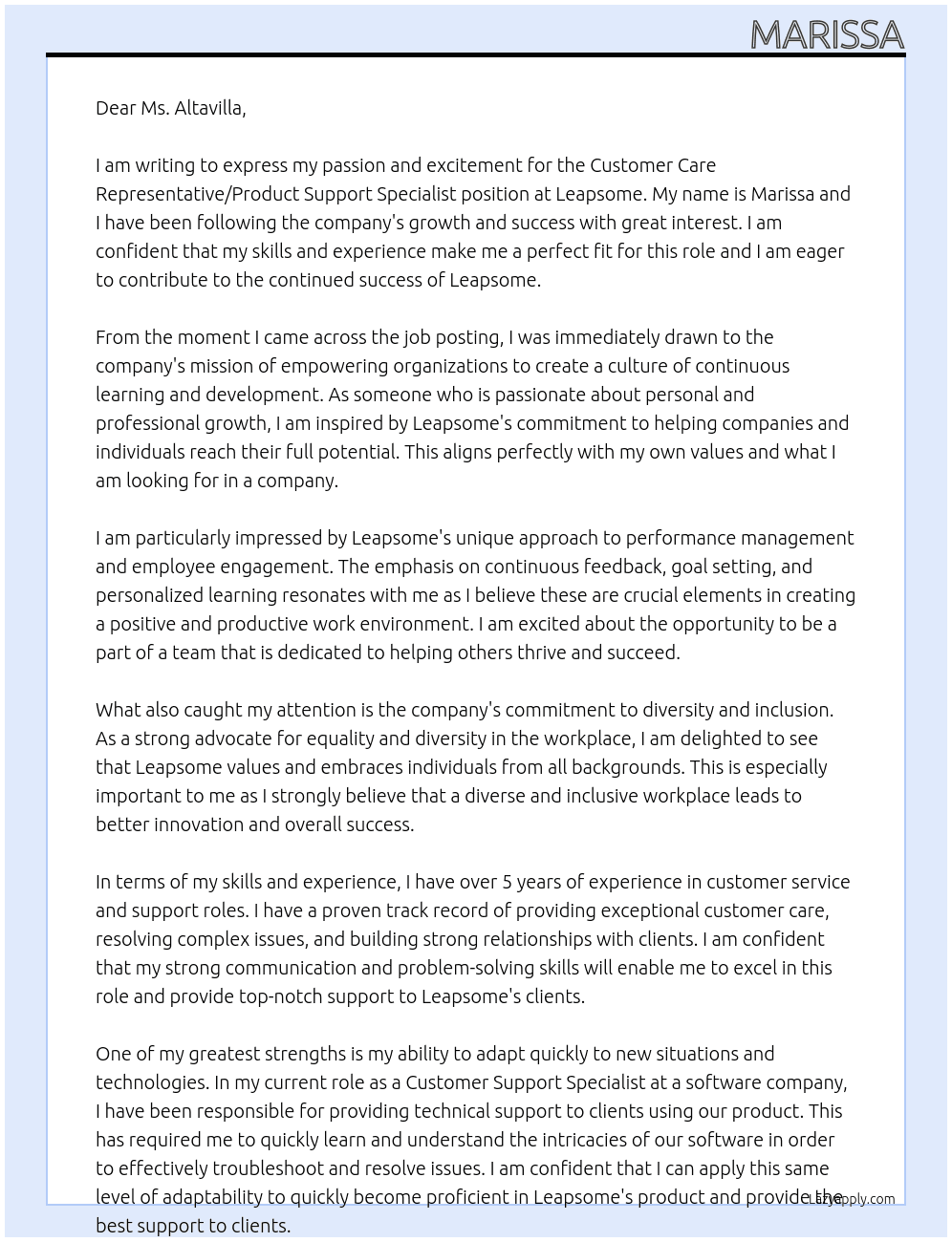 Customer Care Representative/Product Support Specialist - North America At Leapsome Cover Letter