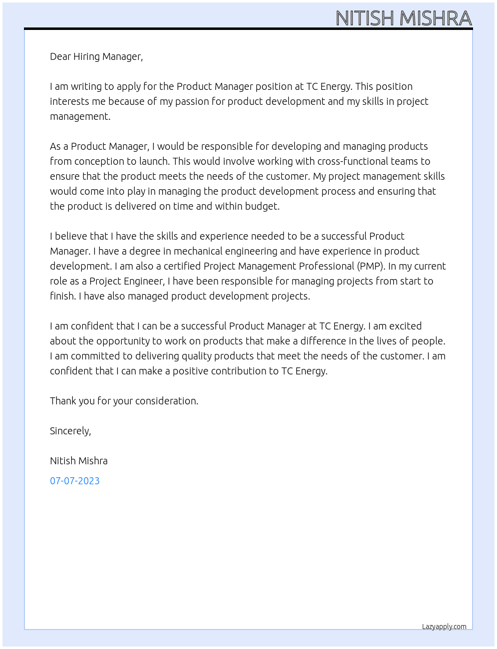 Product Manager At TC energy Cover Letter