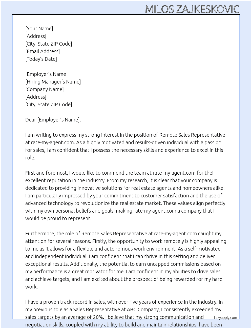 Remote Sales Representetive At rate-my-agent.com Cover Letter
