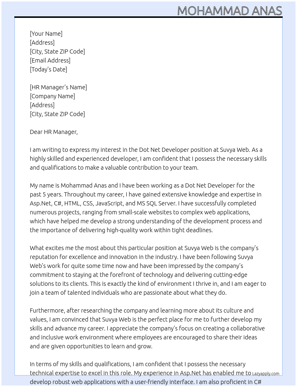 Dot Net Developer At Suvya Web Cover Letter