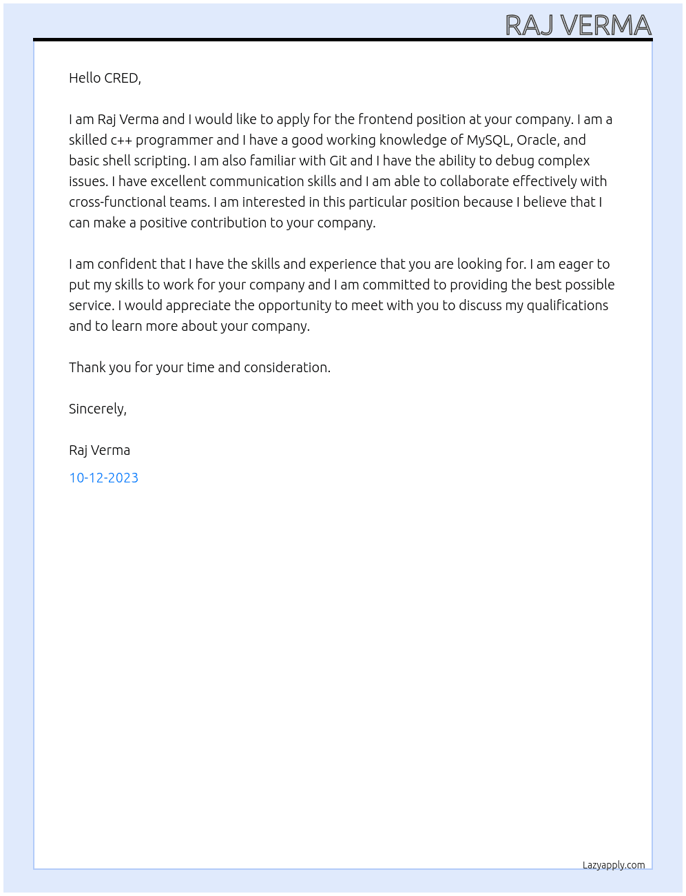 frontend At CRED Cover Letter