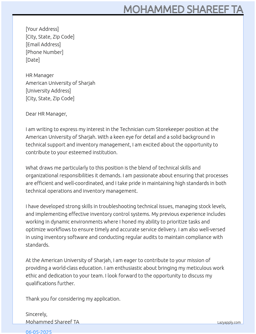 Technician cum storekeeper  At American university of sharja Cover Letter