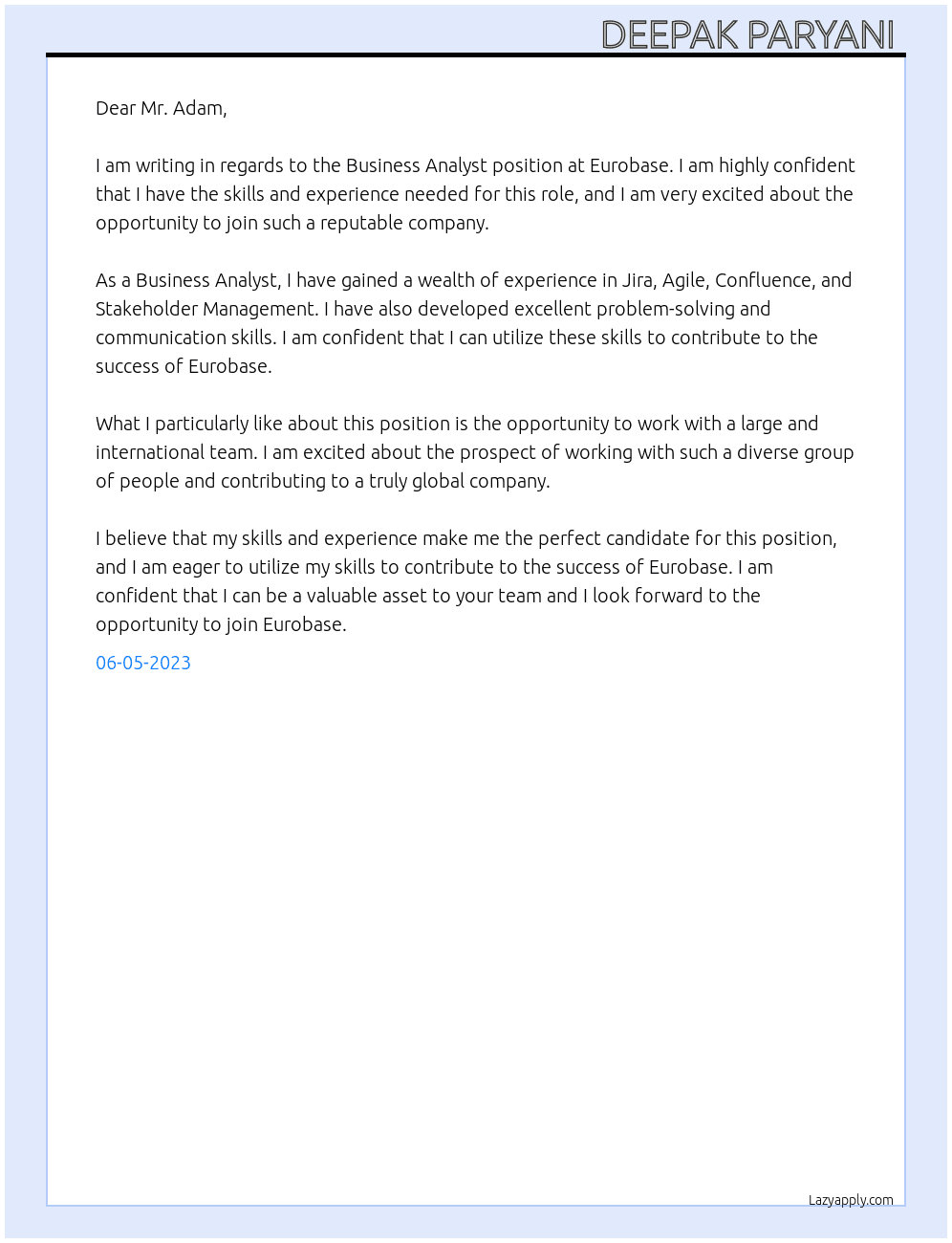 Business Analyst  At Eurobase Cover Letter