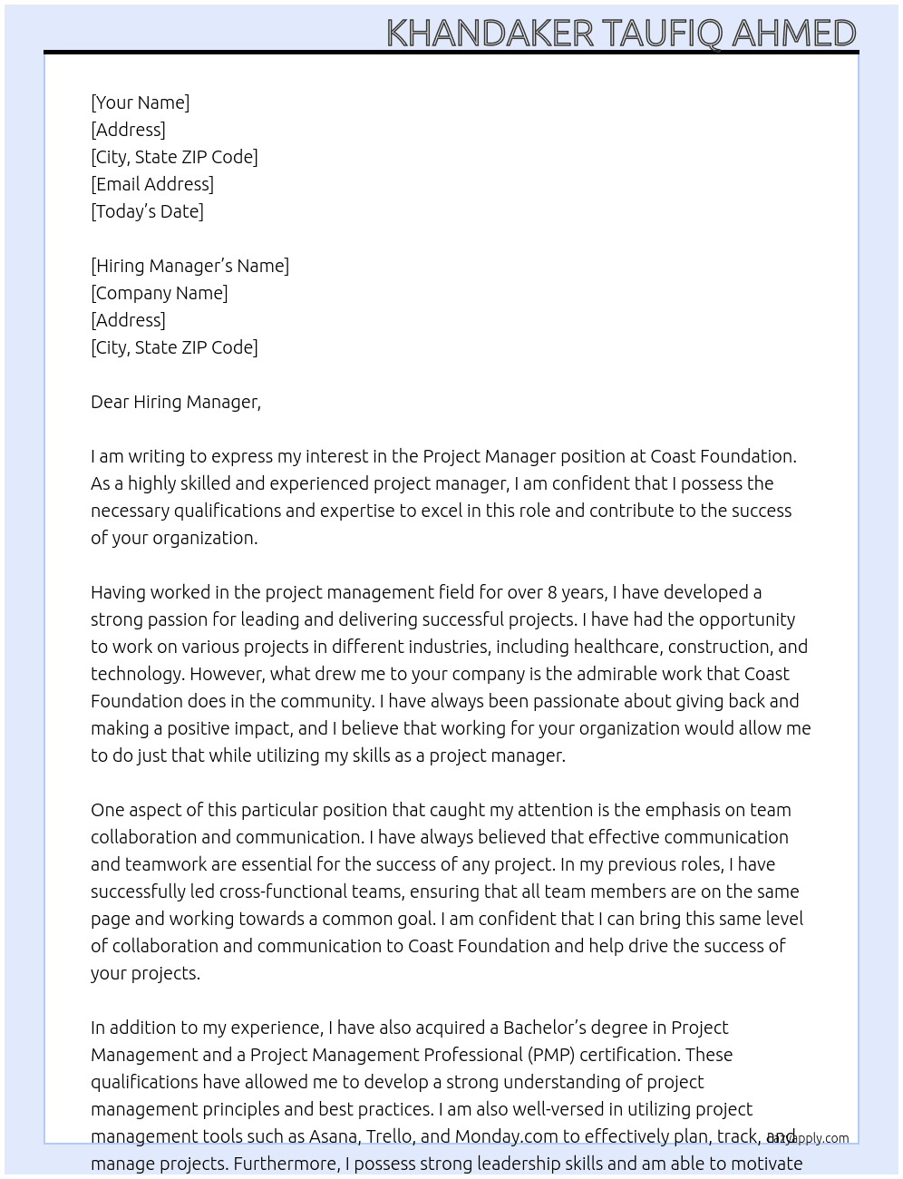Project Manager At Coast Foundation Cover Letter