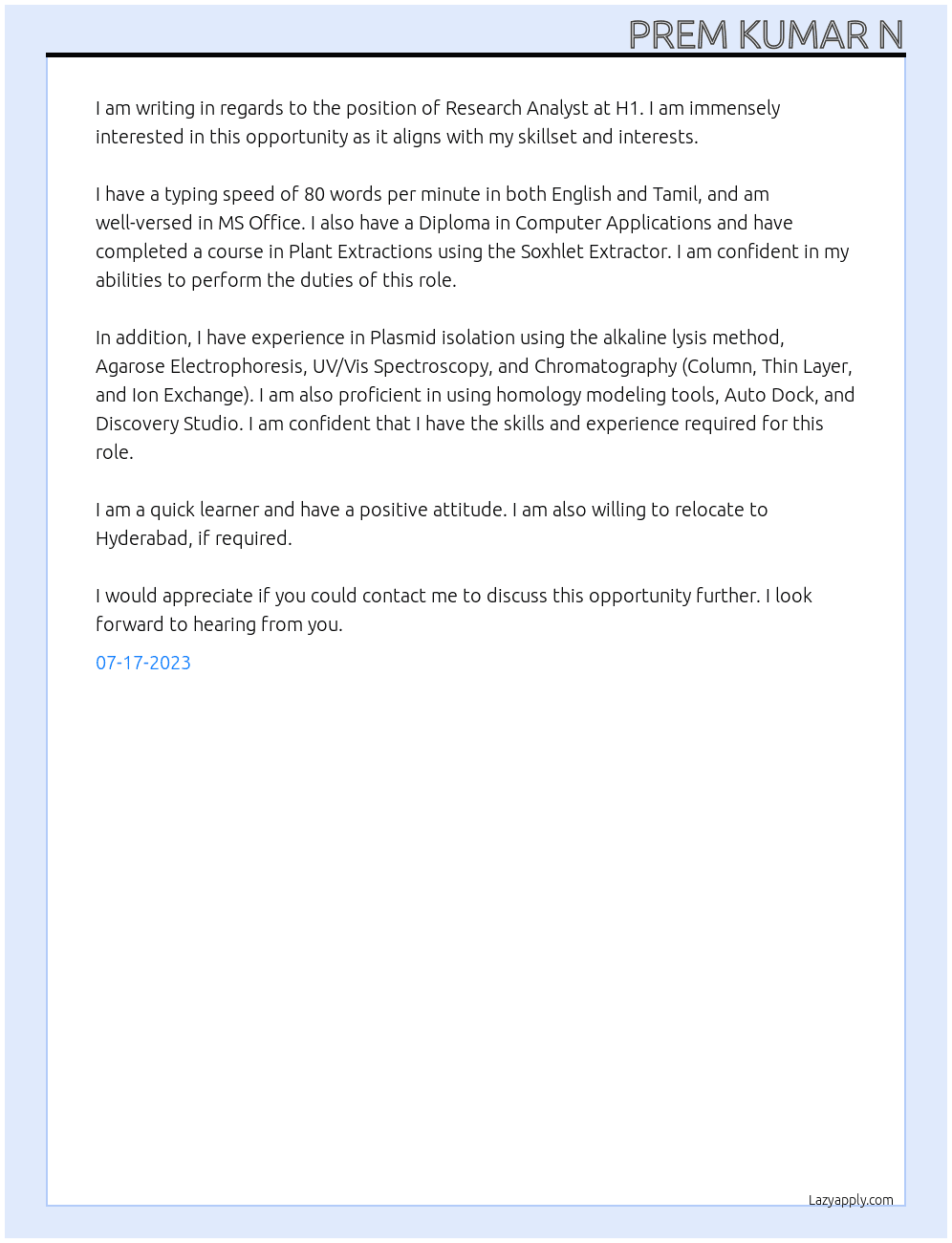 Research analyst  At H1 Cover Letter