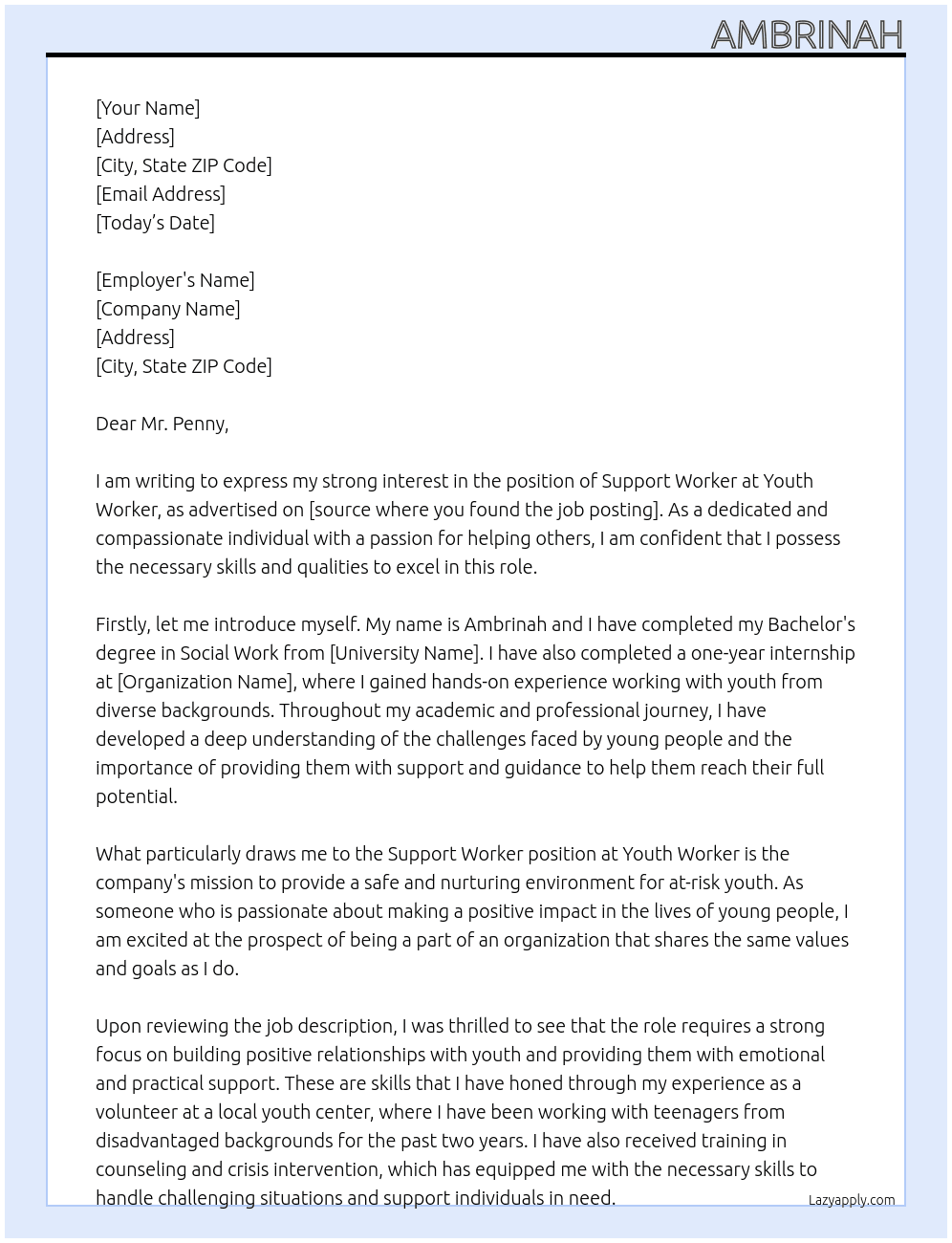 Support worker At Youth worker Cover Letter