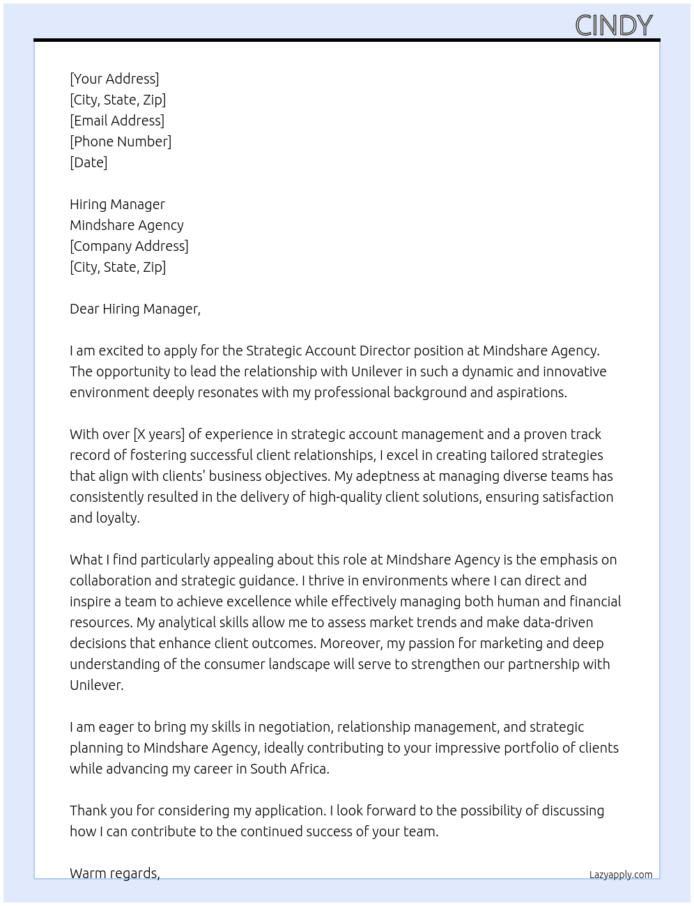 Strategic Account Director  At Mindshare Agency  Cover Letter