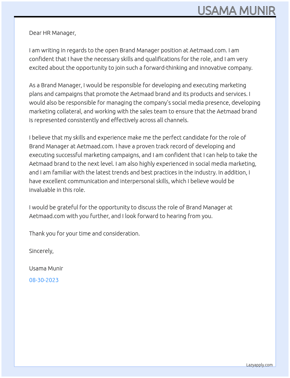 Brand Manager At Aetmaad.com Cover Letter