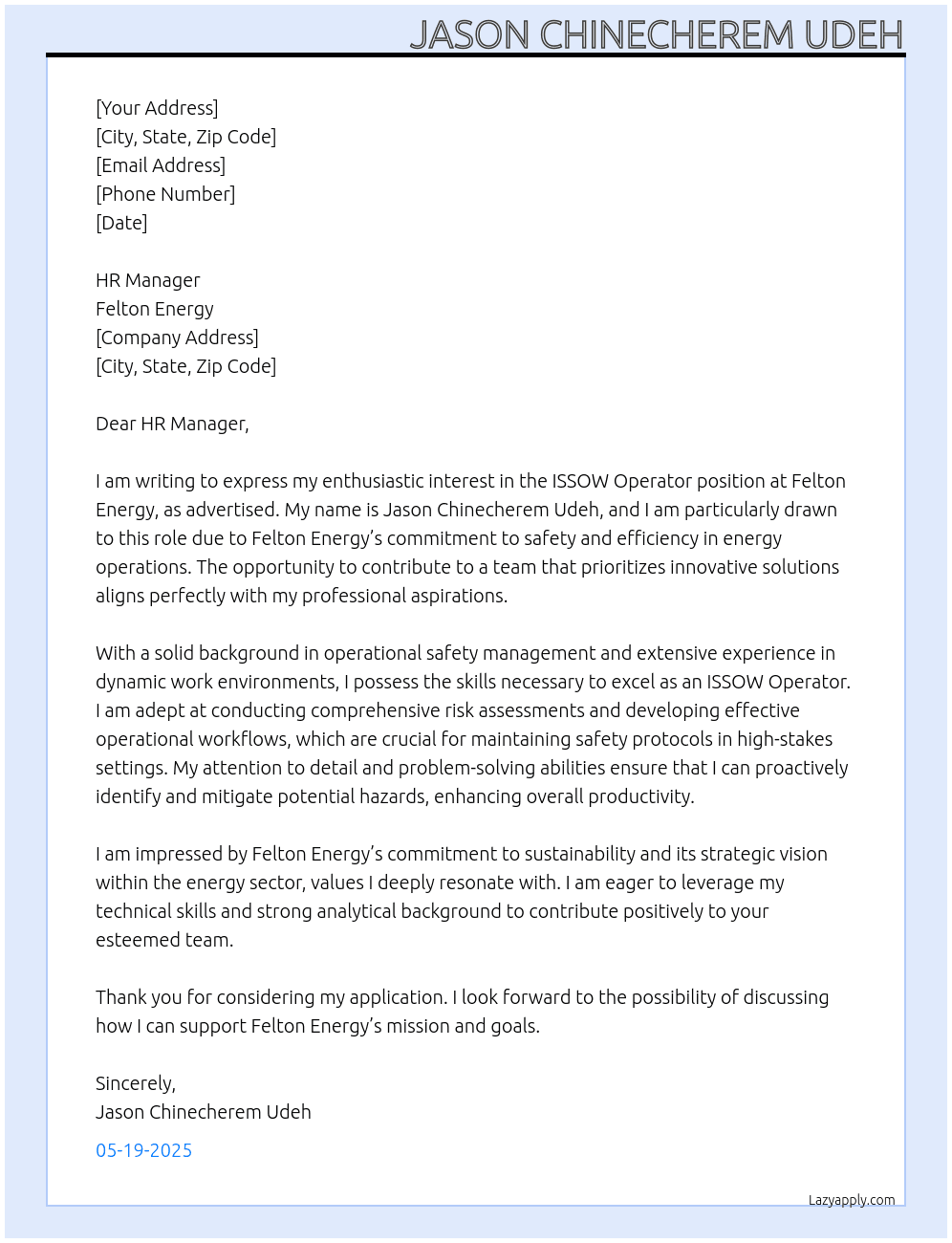ISSOW OPERATOR  At Felton Energy  Cover Letter