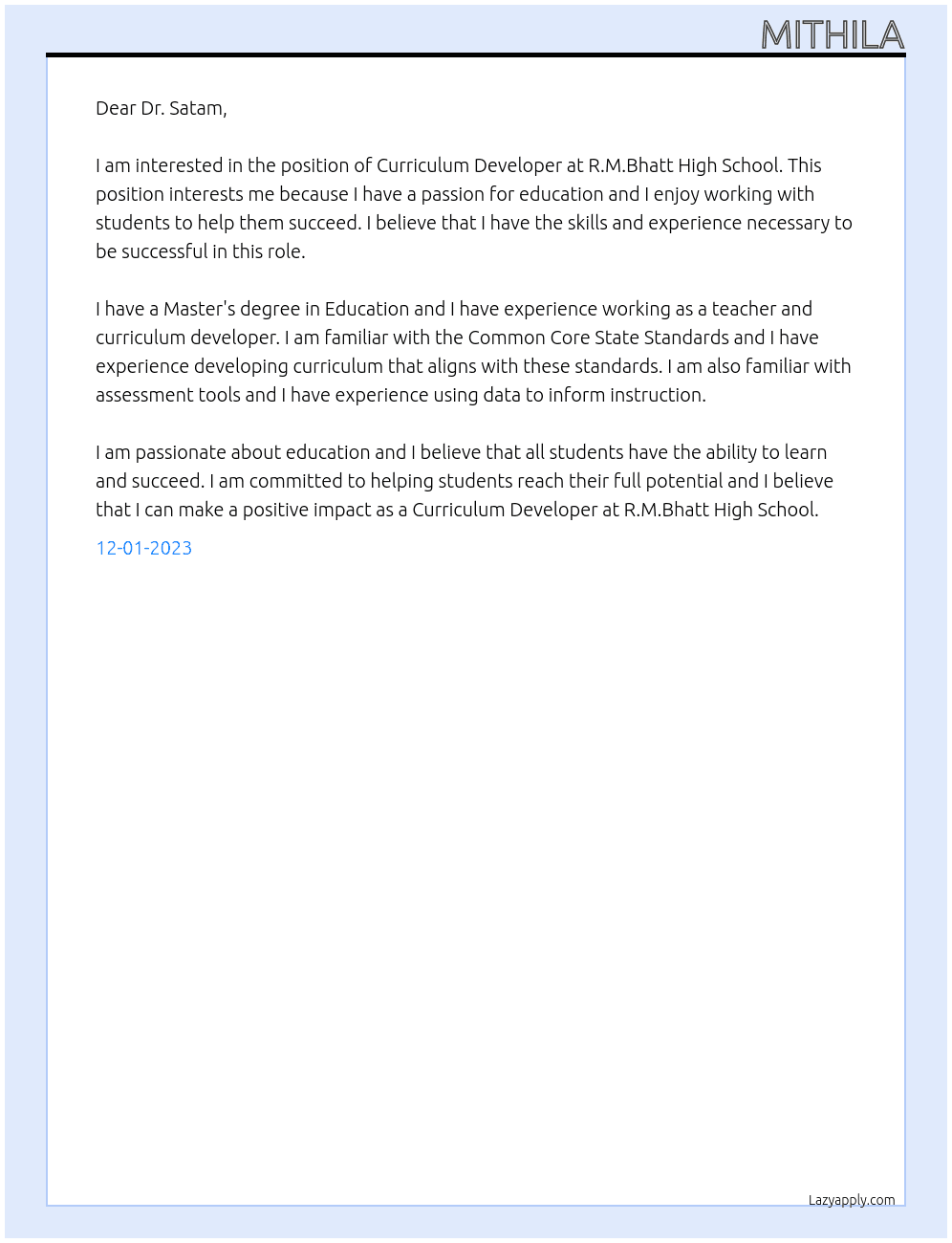 Curriculum Developer At R.M.Bhatt High School Cover Letter