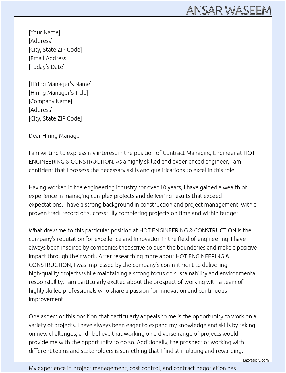 Contract Managing Engineer At  HOT ENGINEERING & CONSTRUCTION Cover Letter