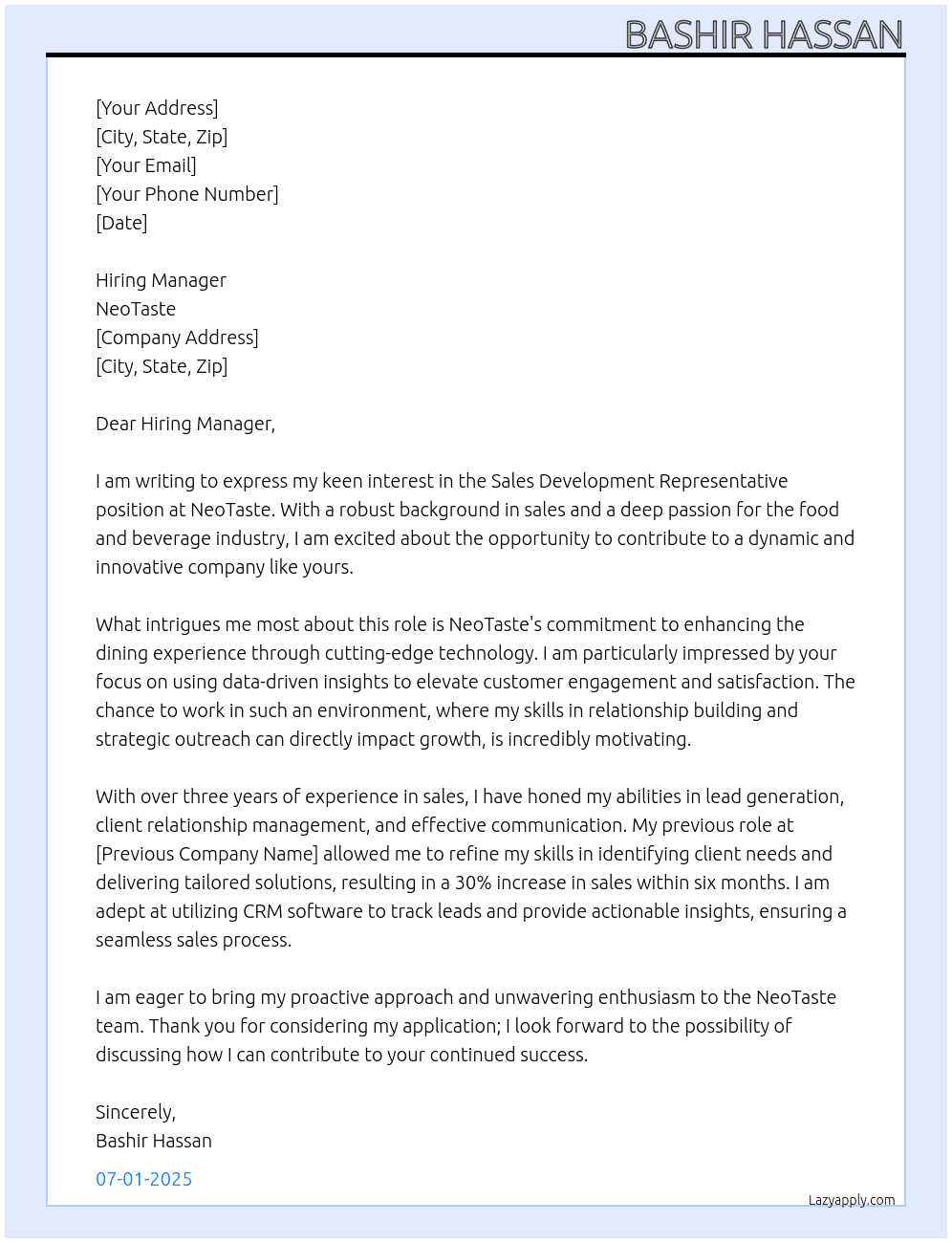 Sales Development Representative  At NeoTaste Cover Letter