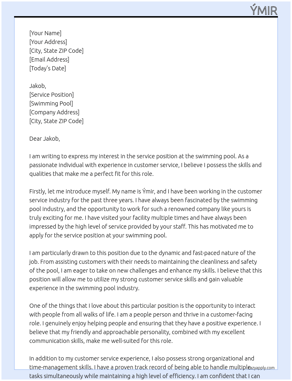 service At swimming pool Cover Letter
