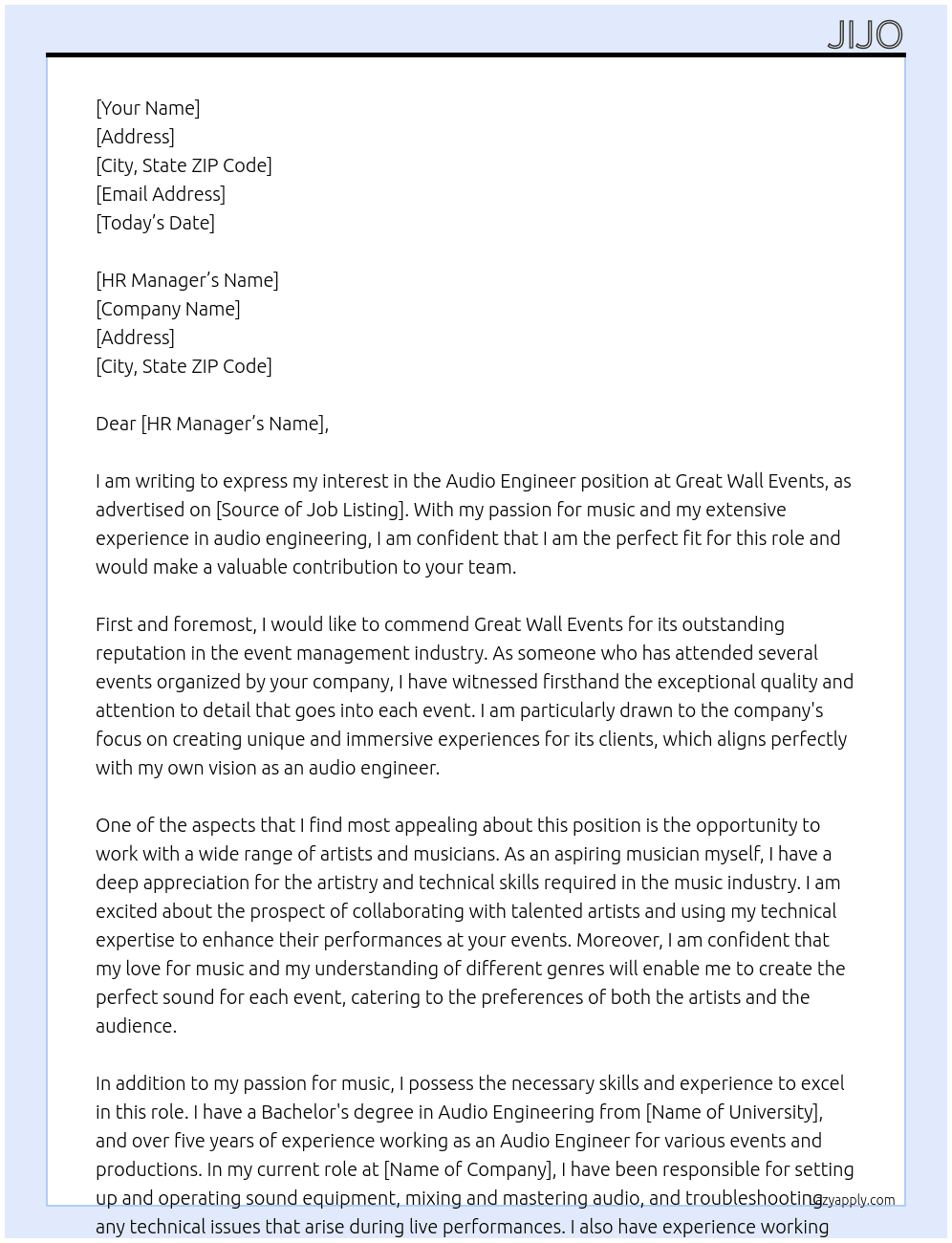 Audio Engineer  At Great Wall Events Cover Letter