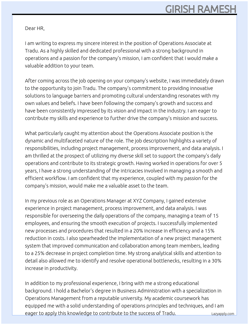 Operations Associate At Tradu Cover Letter