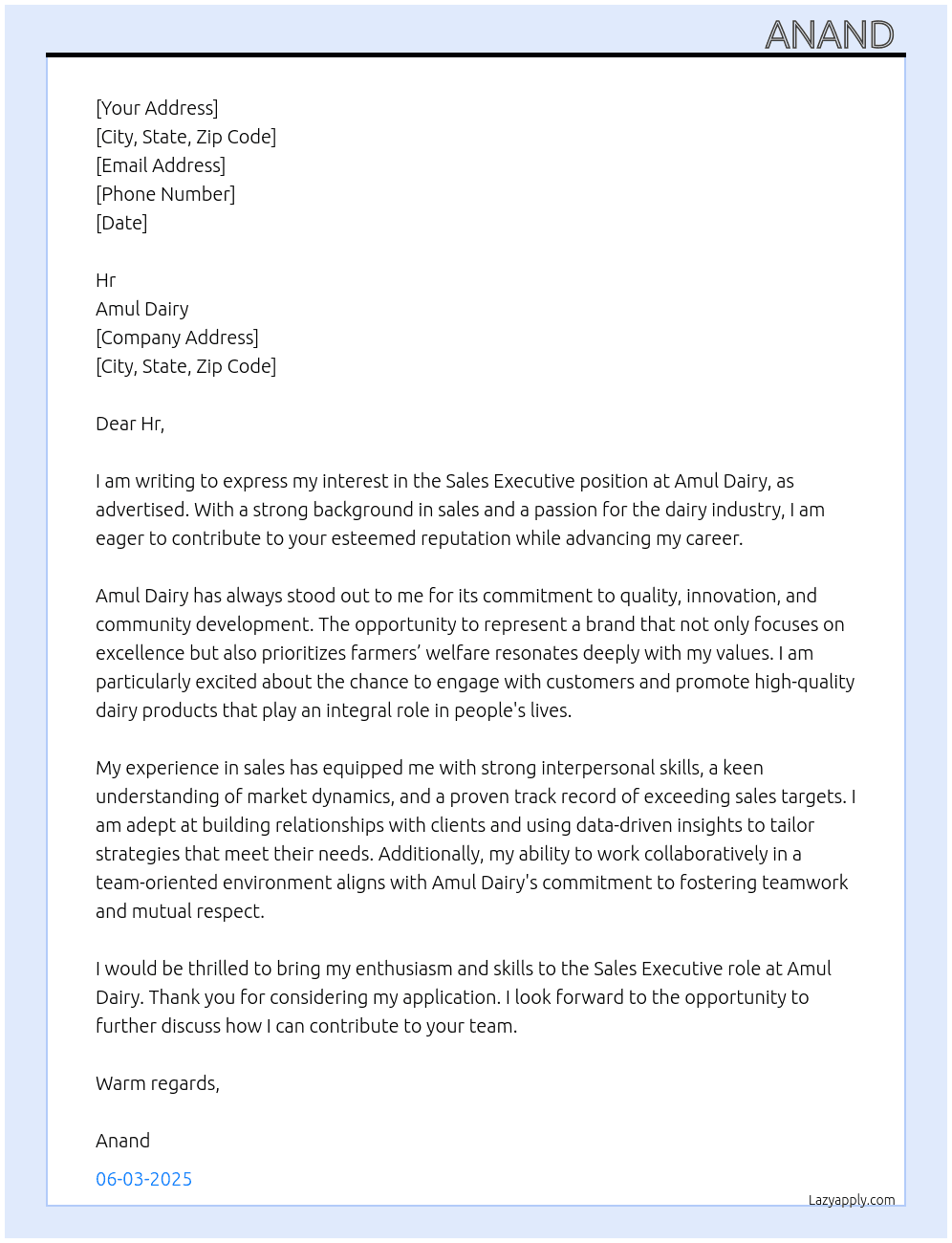Sales Executive  At Amul Dairy  Cover Letter