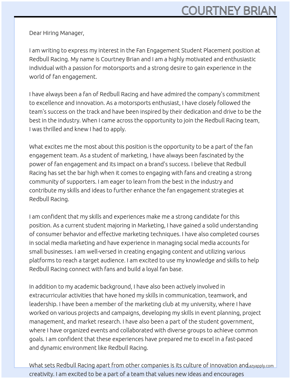 Fan Engagement Student Placement At Redbull Racing Cover Letter