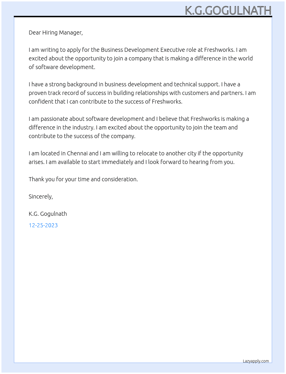 Buisness development executive  At Freshworks Cover Letter