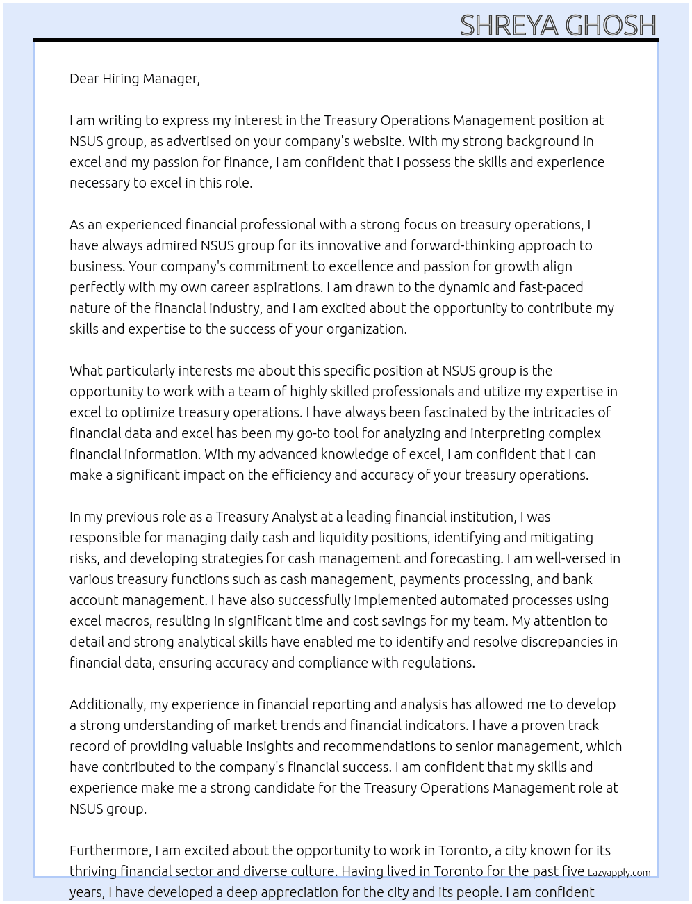 treasury operations management At NSUS group Cover Letter