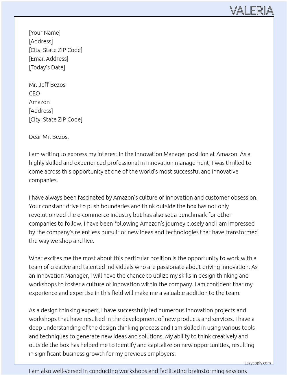 Innovation Manager At Amazon Cover Letter