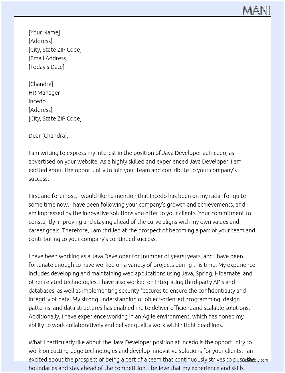 Java Developer At incedo Cover Letter