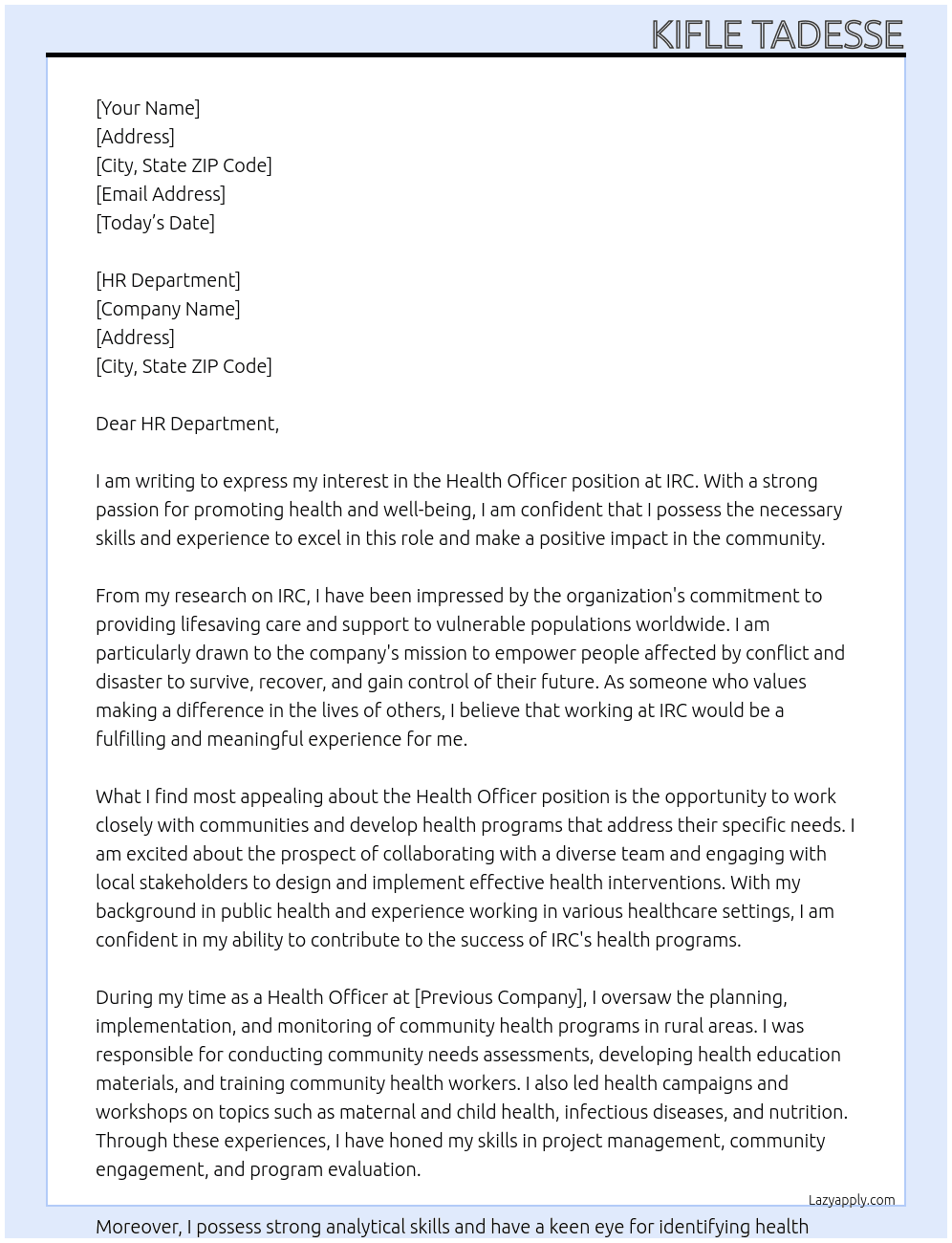 Health Officer At IRC Cover Letter