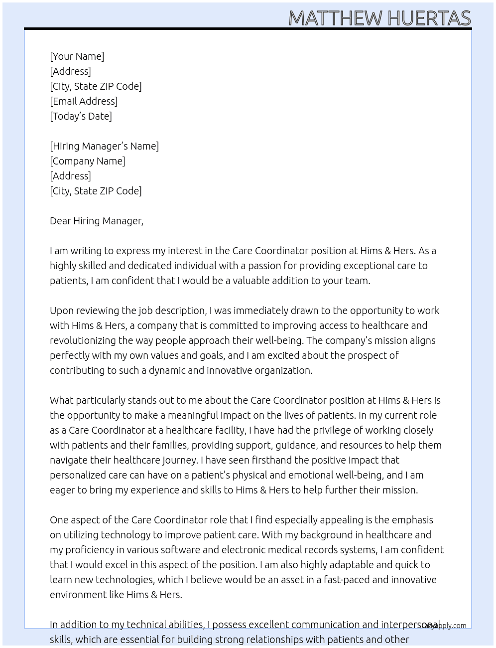 Care Coordinator  At Hims & Hers Cover Letter