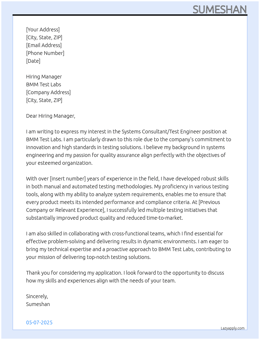 Cover letter for systems consultants/test engineer - LazyApply