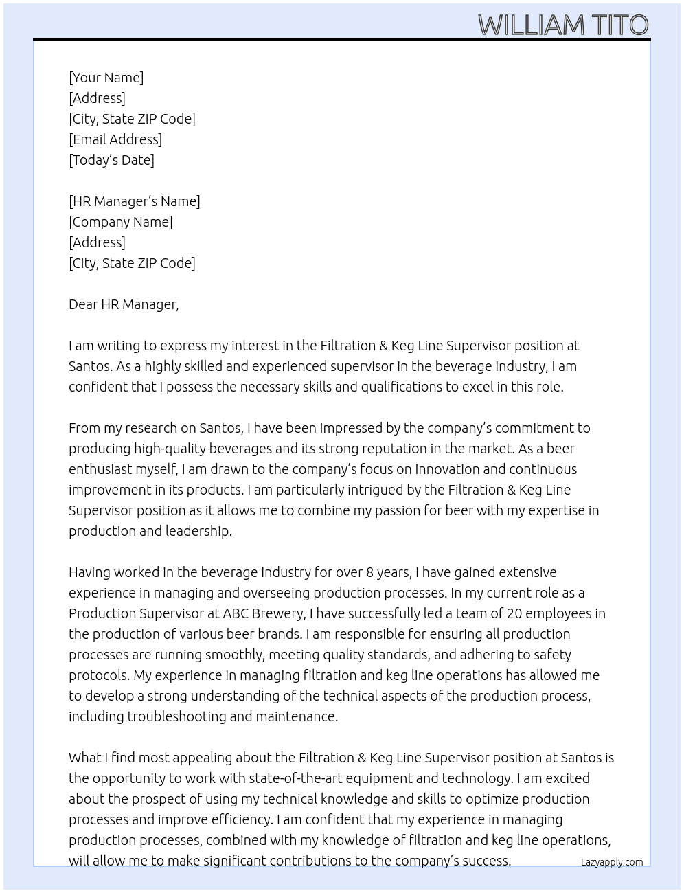 Filtration & Keg Line Supervisor At Santos Cover Letter