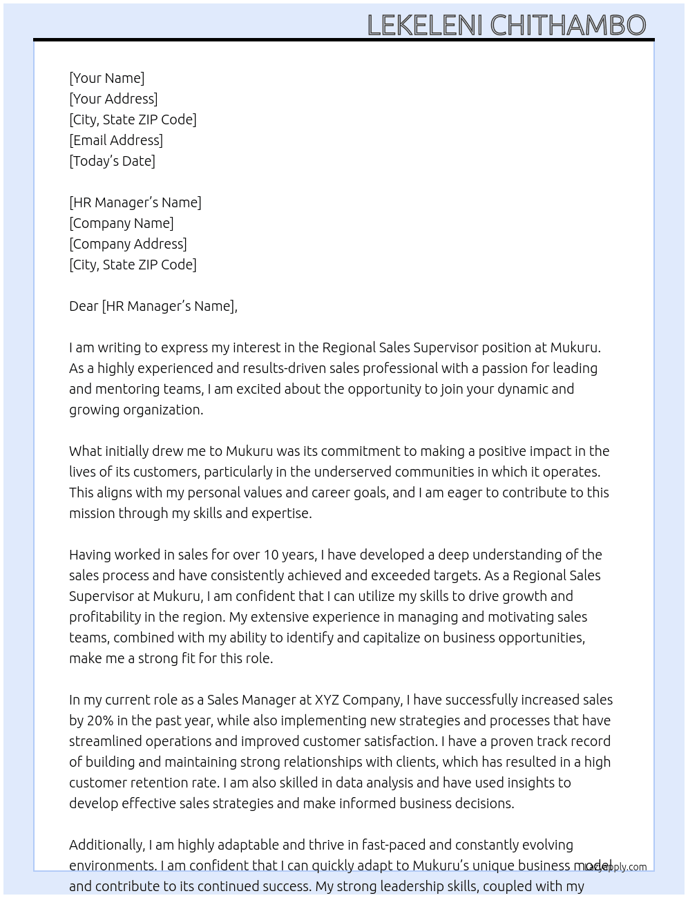 Regional Sales Supervisor  At Mukuru Cover Letter
