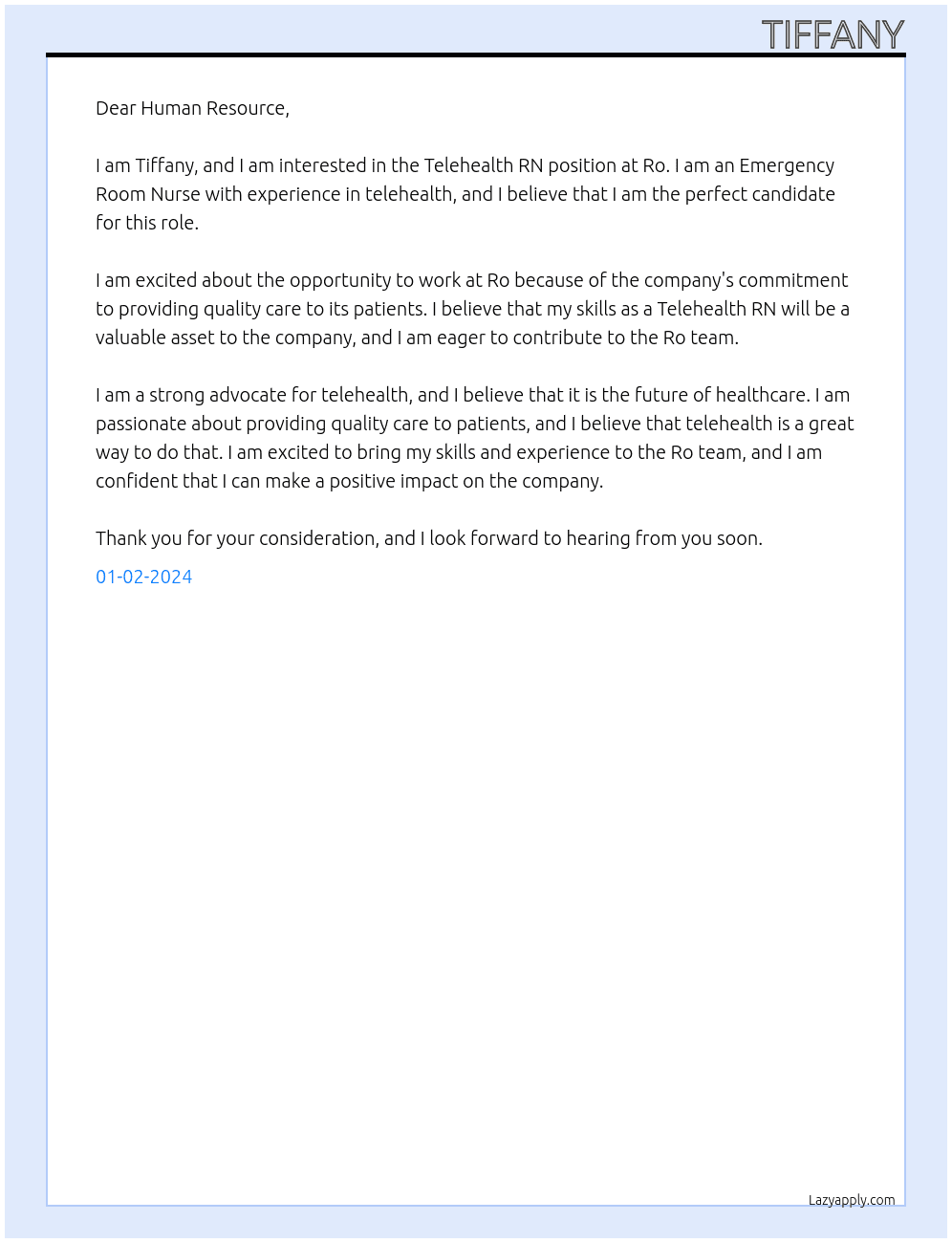 Telehealth RN At Ro Cover Letter