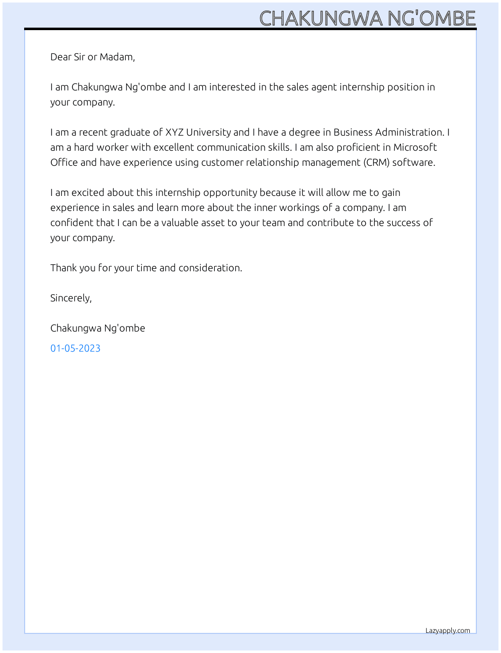 sales agent At in your company  Cover Letter
