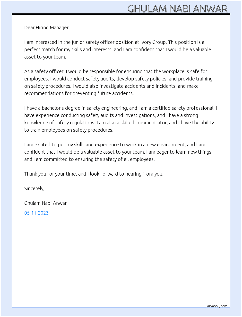 Junior Safety Officer  At Ivory Group  Cover Letter