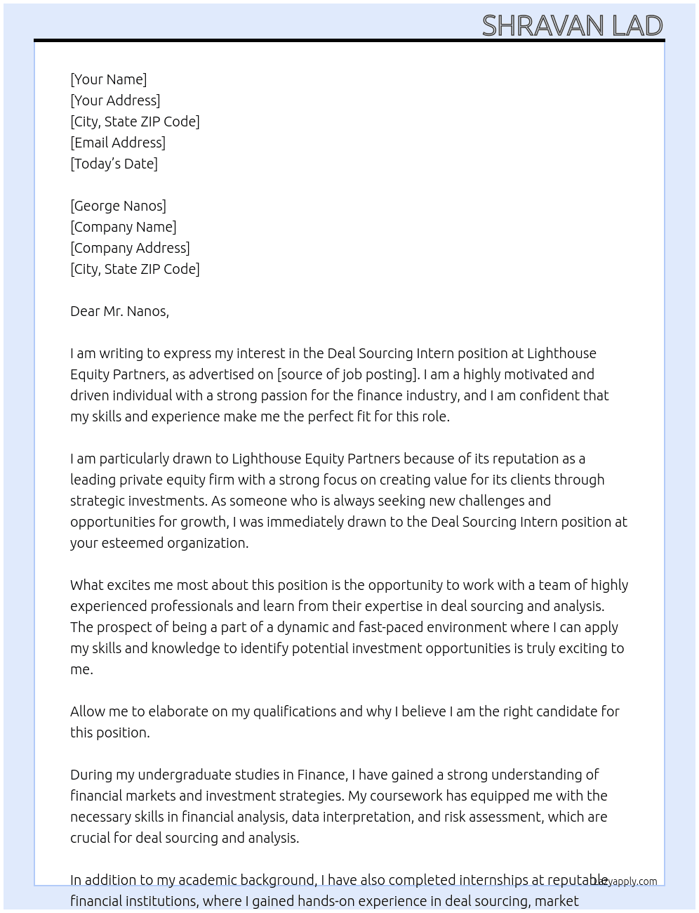 Deal Sourcing Intern At Lighthouse Equity Partners Cover Letter