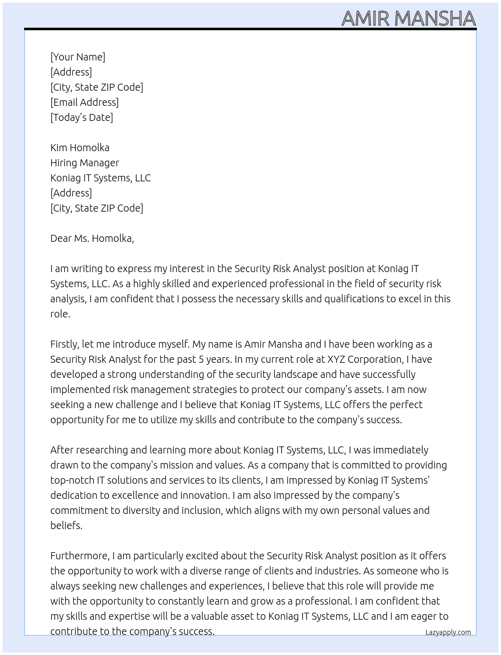 Security Risk Analyst At Koniag IT Systems, LLC, Cover Letter