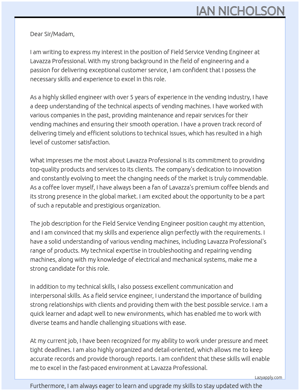 Field Service Vending Engineer At Lavazza Professional Cover Letter