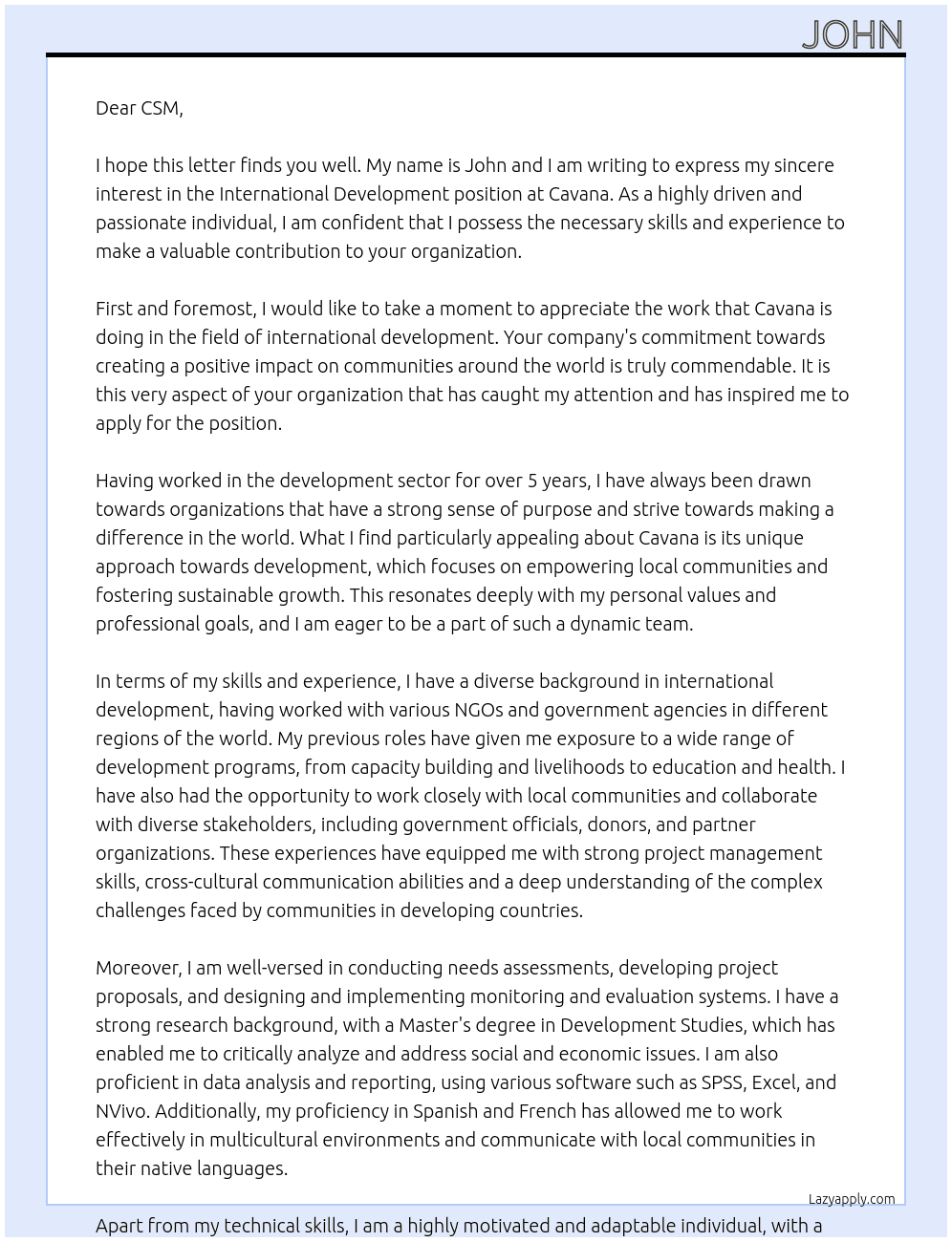 international development At Cavana Cover Letter