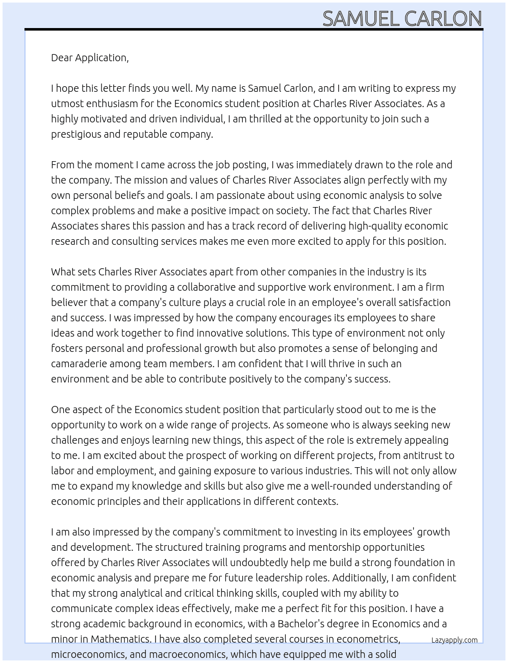 Economics student At Charles River Associates Cover Letter