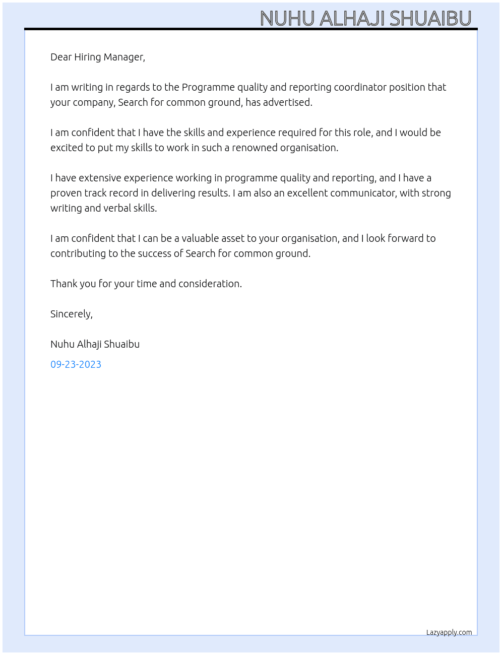 Programme quality and reporting coordinator  At Search for common ground  Cover Letter