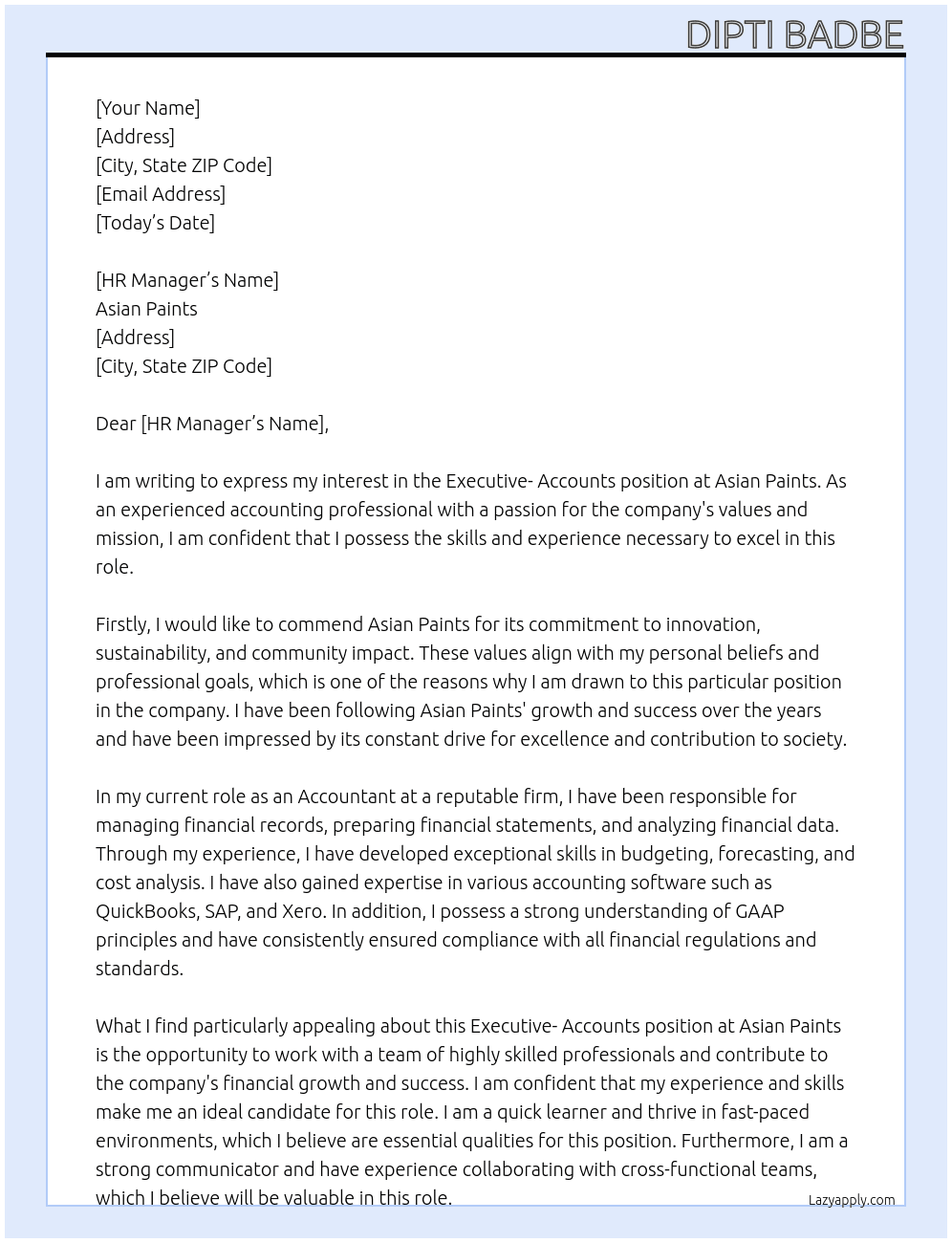 Cover letter for executive - accounts - LazyApply