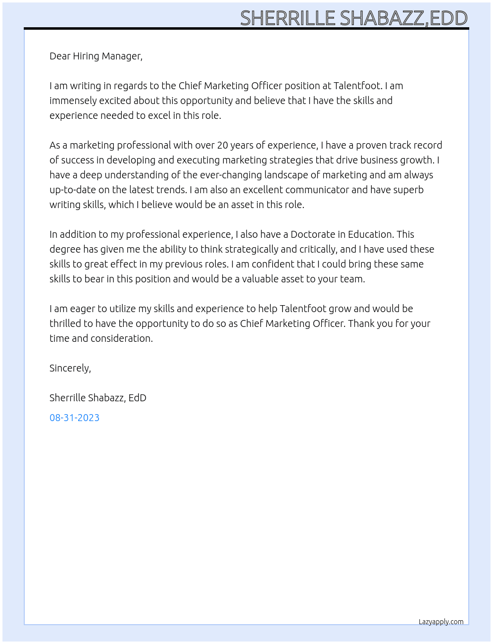 Chief Marketing Officer At Talentfoot Cover Letter