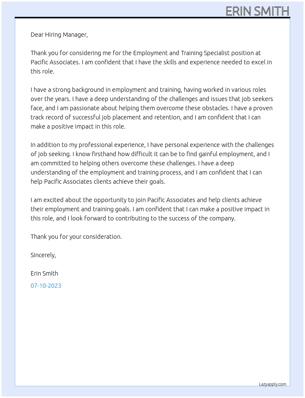 Employment and Training Specialist At Pacific Associates Cover Letter