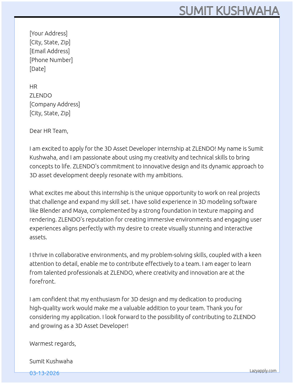 3D Asset Developer At ZLENDO Cover Letter