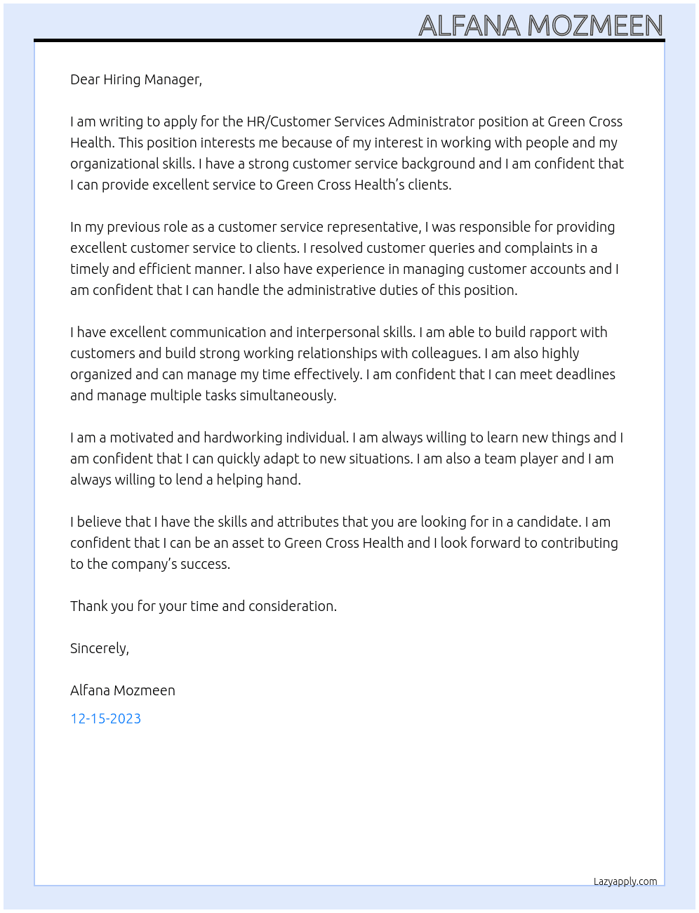 HR/ Customer Services Administratior At Green Cross Health  Cover Letter