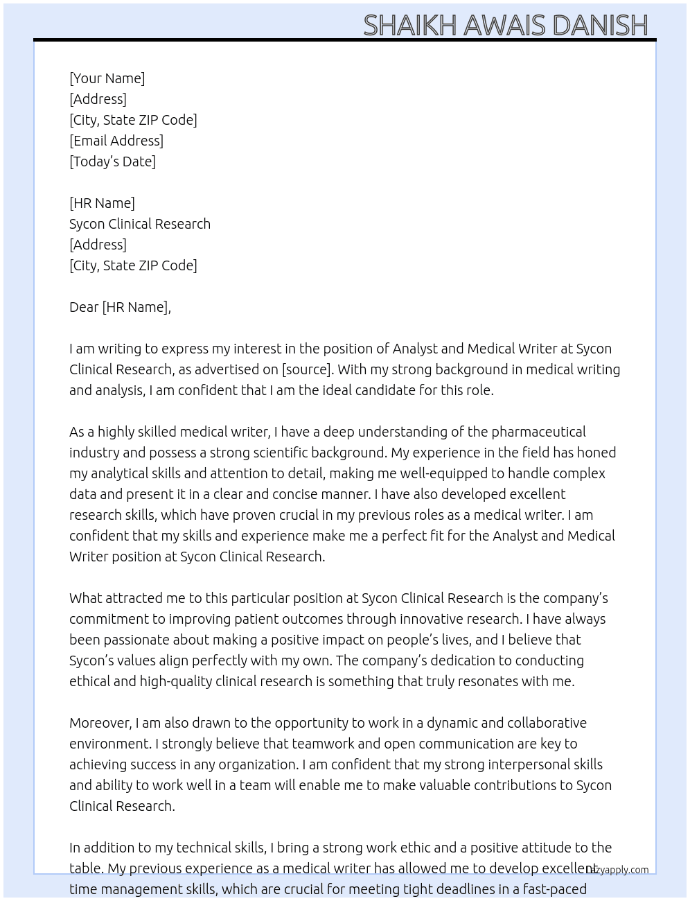 Analyst an medical writer  At Sycon Clinical Research  Cover Letter
